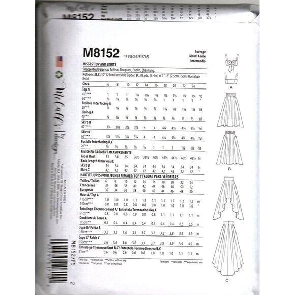 McCall's M8152 Misses 6 to 14 Bralette Top and Skirts Uncut Sewing Pattern - Picture 2 of 2